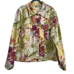 Chicos Women's Jacket Size XL‎ Linen Blend Long Sleeve Tropical Colorful Silver